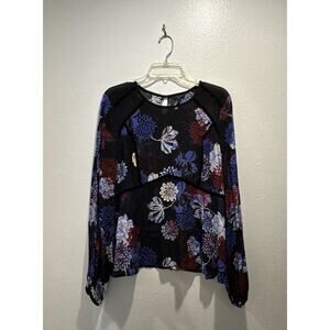 GUESS Size Medium MARINDA Floral Print Long Sleeve Blouse Sheer Boho Flare READ